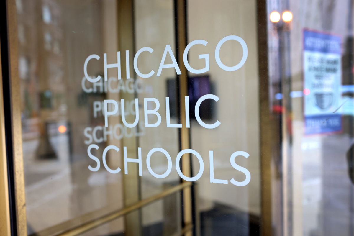 <i>Scott Olson/Getty Images</i><br/>A sign is displayed on the front of the headquarters for Chicago Public Schools on January 5