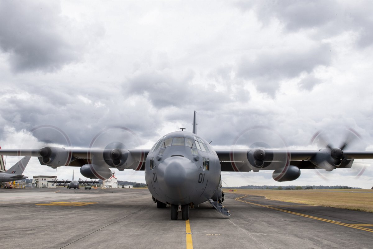 <i>CPL Dillon Anderson/New Zealand Defence Force/AP</i><br/>A Royal New Zealand Air Force C-130 Hercules prepares to leaves an airbase in Auckland