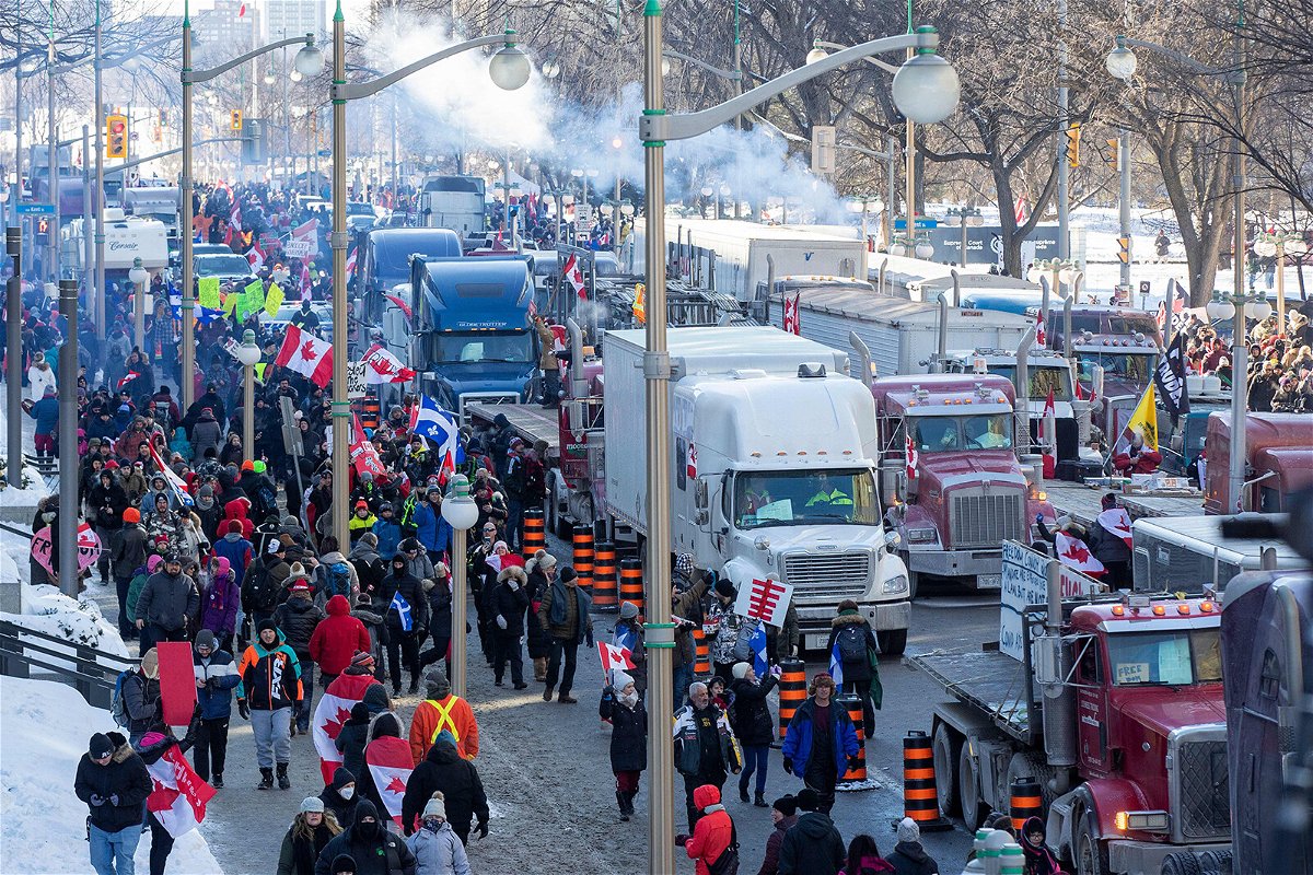 <i>Lars Hagberg/AFP/Getty Images</i><br/>Hundreds of truckers drove their giant rigs into the Canadian capital Ottawa on Saturday as part of a self-titled 