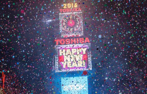 Confetti floats through the air as the new year is rung in in Times Square on January 1