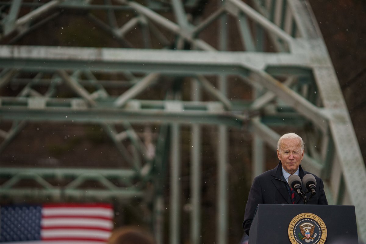 <i>John Tully/Getty Images</i><br/>The White House announced a new program to repair and replace bridges. President Joe Biden is seen here visiting the NH 175 bridge in November 2021