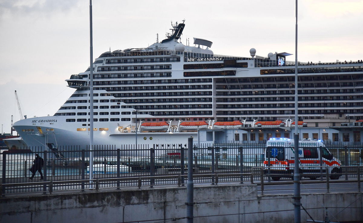 <i>Luca Zennaro/EPA-EFE/Shutterstock</i><br/>A view of the MSC Grandiosa cruise ship where passengers on board tested positive for Covid-19