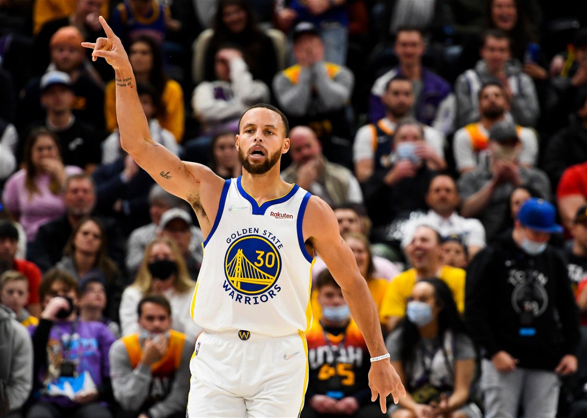 <i>Alex Goodlett/Getty Images</i><br/>Stephen Curry of the Golden State Warriors celebrates a three-point shot during the second half of a game against the Utah Jazz at Vivint Smart Home Arena on January 1