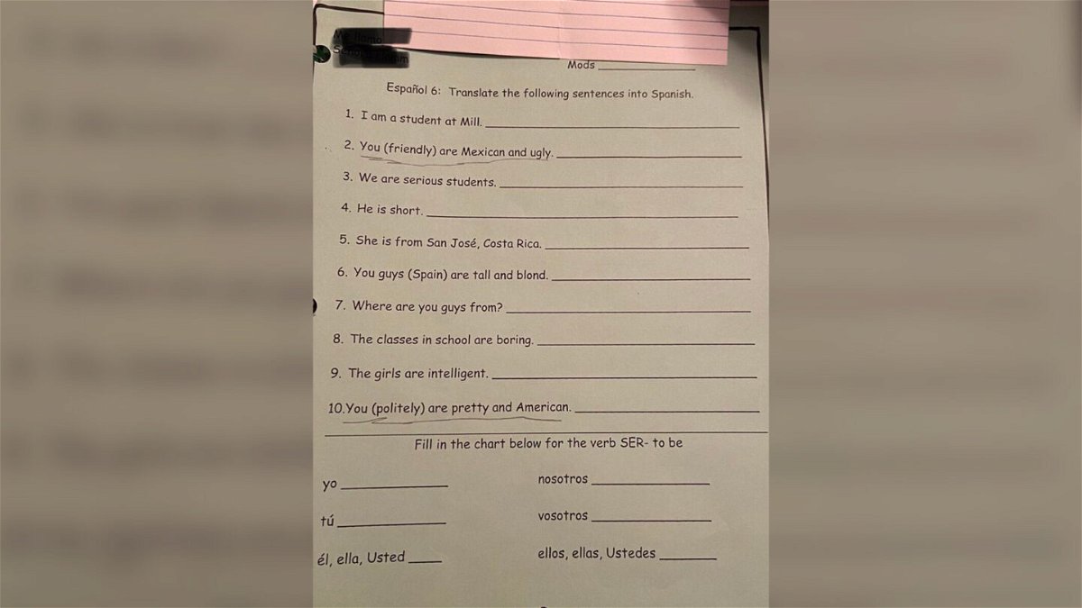 <i>Provided to CNN</i><br/>The sixth grade Spanish homework assignment some parents are calling racist.