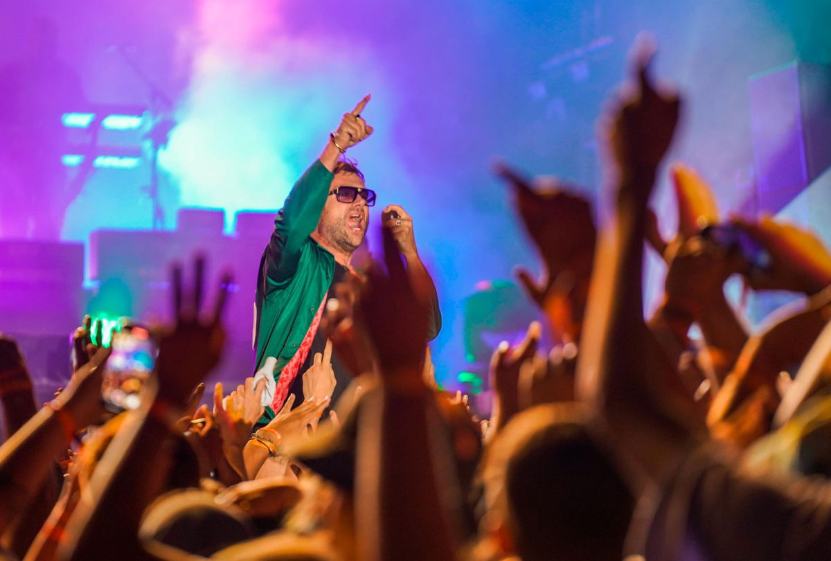 <i>Hugh Hastings/Getty Images</i><br/>Damon Albarn of Gorillaz performs on the Main Stage during Boardmasters Festival 2021 at Watergate Bay on August 14