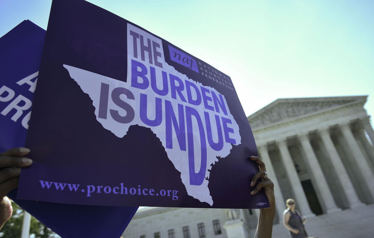 <i>MANDEL NGAN/AFPGetty Images</i><br/>An abortion rights activist holds placards outside of the US Supreme Court before the Court struck down a Texas law placing restrictions on abortion clinics in 2016 in Washington