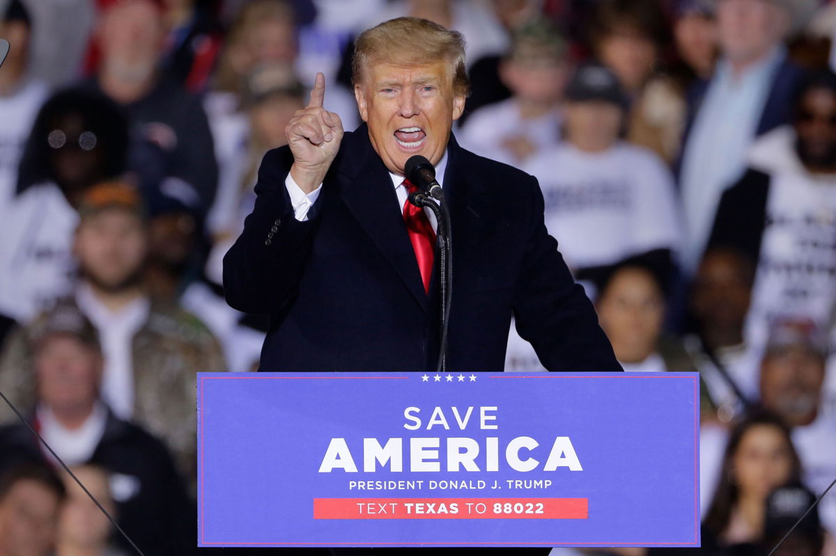 <i>Michael Wyke/EPA-EFE/Shutterstock</i><br/>Former President Donald Trump speaks at a Save America Rally Saturday