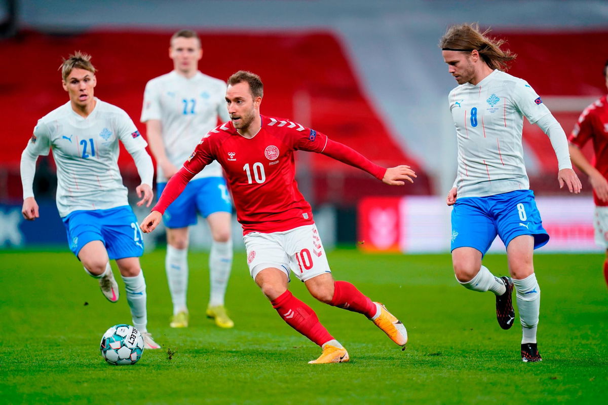 <b>Denmark</b>&apos;s midfielder Christian Eriksen (C) is pictured during the UEFA...