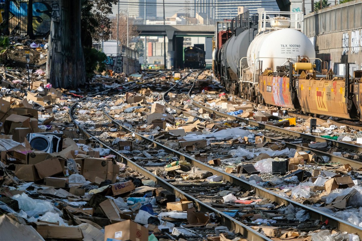 <i>Ringo H.W. Chiu/AP</i><br/>Shredded boxes and packages are seen at a section of the Union Pacific train tracks in downtown Los Angeles on