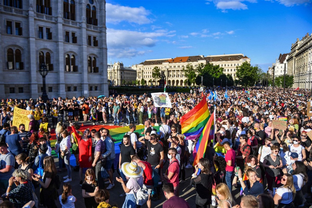 <i>Gergely Besenyei/AFP/Getty Images</i><br/>Protesters against the law gather near the parliament building in Budapest on June 14