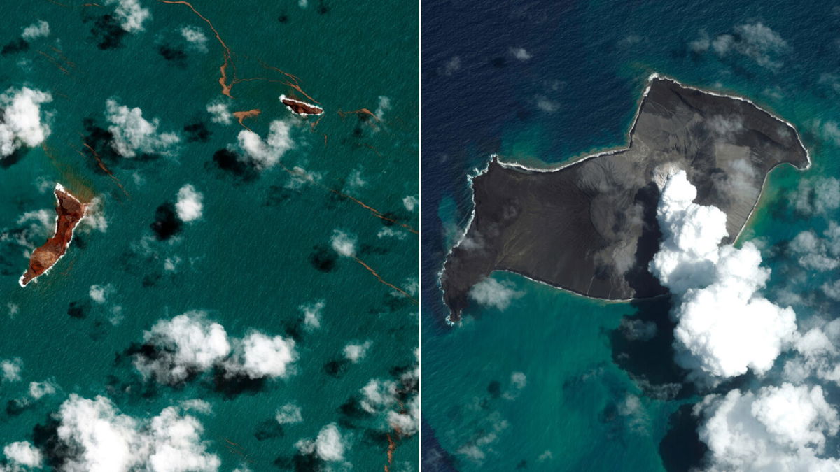 <i>Maxar Technologies/AP</i><br/>The eruption this month of an underwater volcano near Tonga was hundreds of times more powerful than the Hiroshima atomic bomb