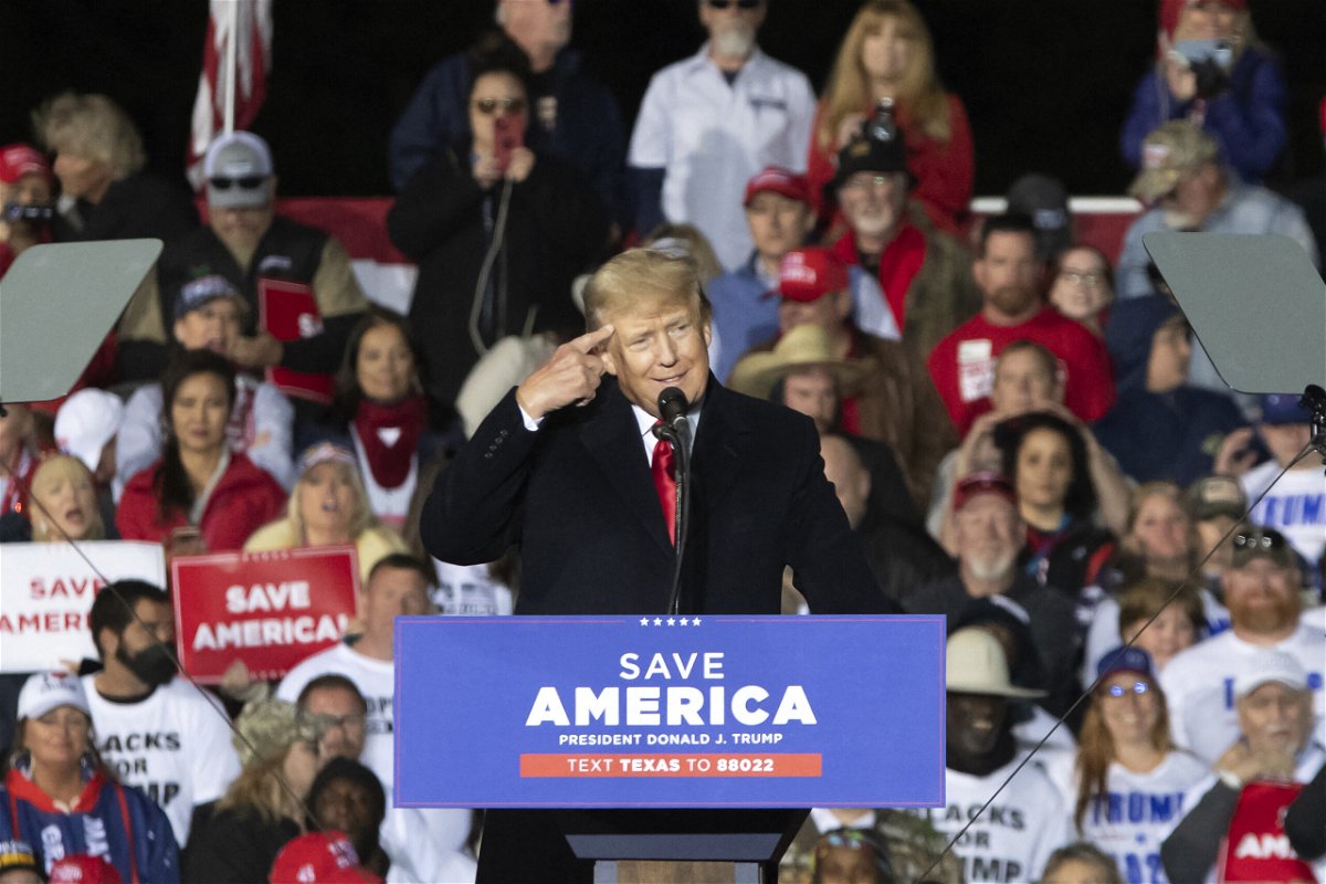 <i>Mark Felix/AFP/Getty Images</i><br/>Former US President Donald Trump gestures as he speaks during a 