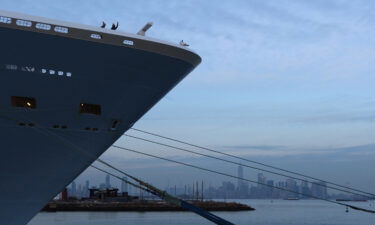 Royal Caribbean's Anthem of the Seas docked in front of lower Manhattan in December 2021.