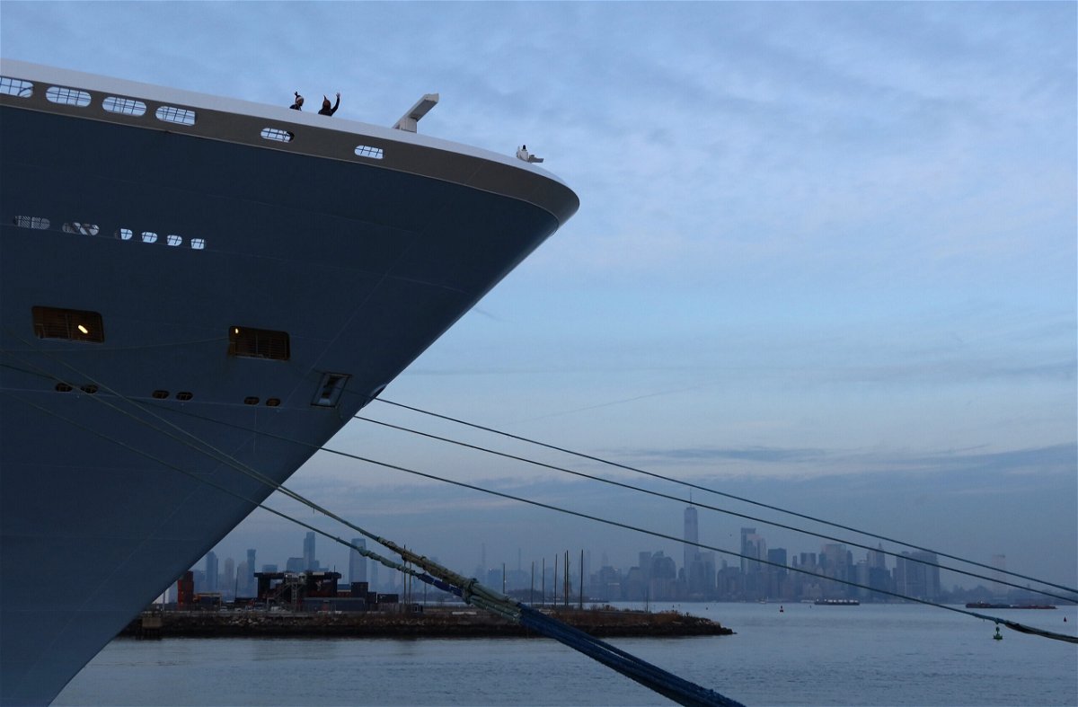 <i>Gary Hershorn/Corbis News/Getty Images</i><br/>Royal Caribbean's Anthem of the Seas docked in front of lower Manhattan in December 2021.