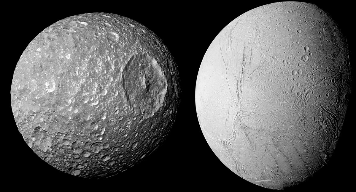 <i>NASA/JPL-Caltech/Space Science Institute</i><br/>Saturn's small moon Mimas (left) likely has something in common with its larger neighbor Enceladus (right): an internal ocean beneath a thick icy surface.