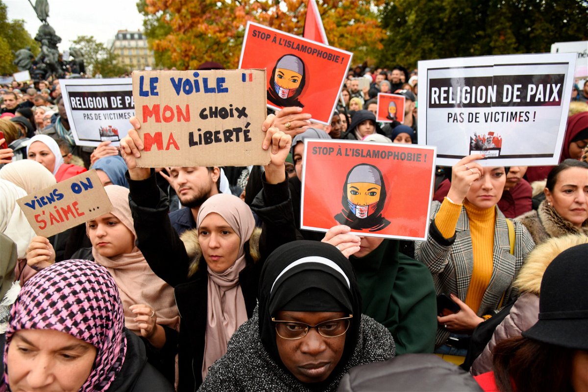 <i>Abaca Press/Sipa USA/AP</i><br/>People demonstrate against Islamophobia in the Place de la République in Paris on October 19