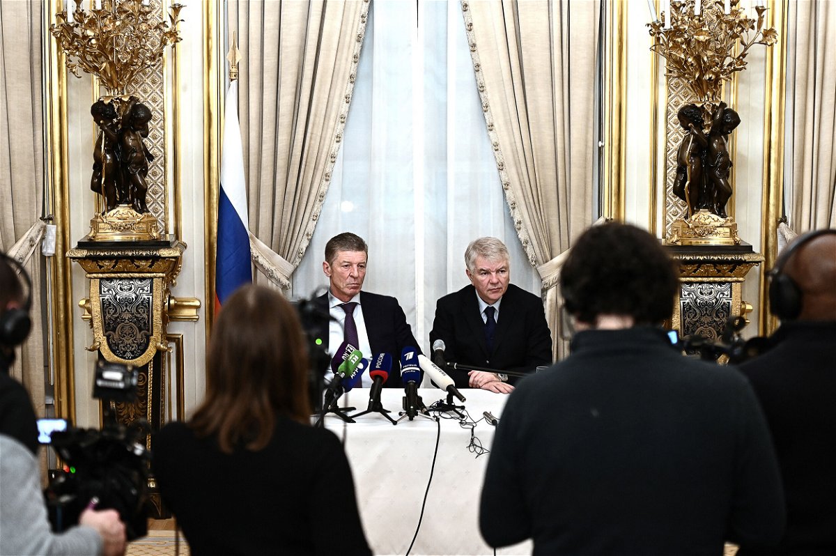 <i>LEO PIERRARD/AFP/Getty Images</i><br/>The Kremlin's deputy chief of staff Dmitry Kozak and Russian Ambassador to France Alexey Meshkov hold a news conference at the Russian Ambassador's residence in Paris on January 26