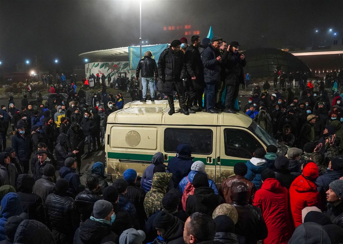 <i>Abduaziz Madyarov/AFP/Getty Images</i><br/>Protesters take part in a rally over a hike in energy prices in Almaty on January 5