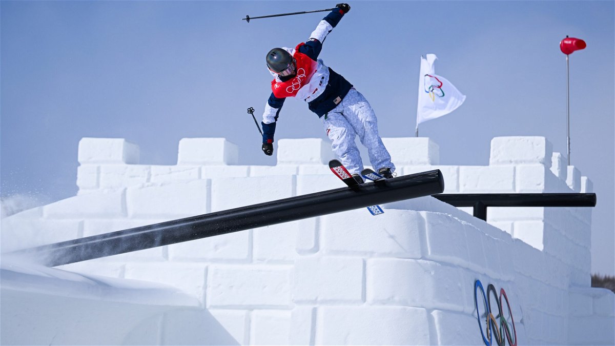 Colby Stevenson performs a trick during the men's freestyle skiing slopestyle qualifying