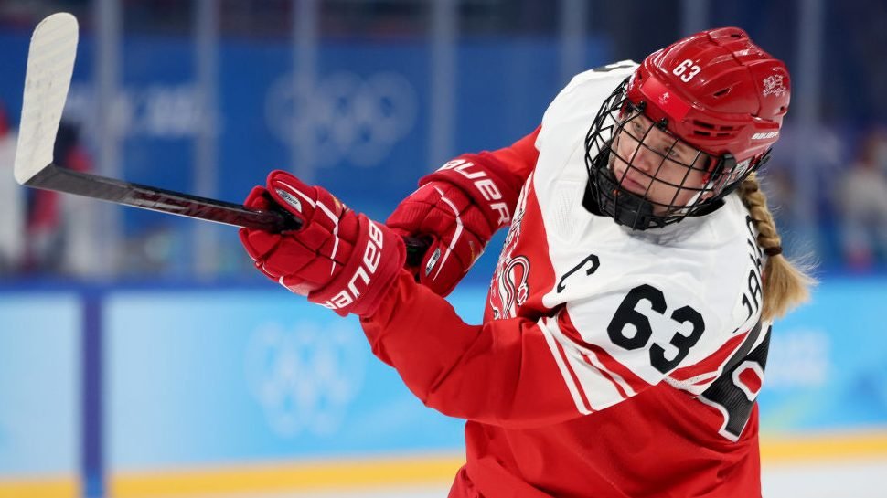 Josefine Jakobsen warms up prior to the women's ice hockey preliminary round