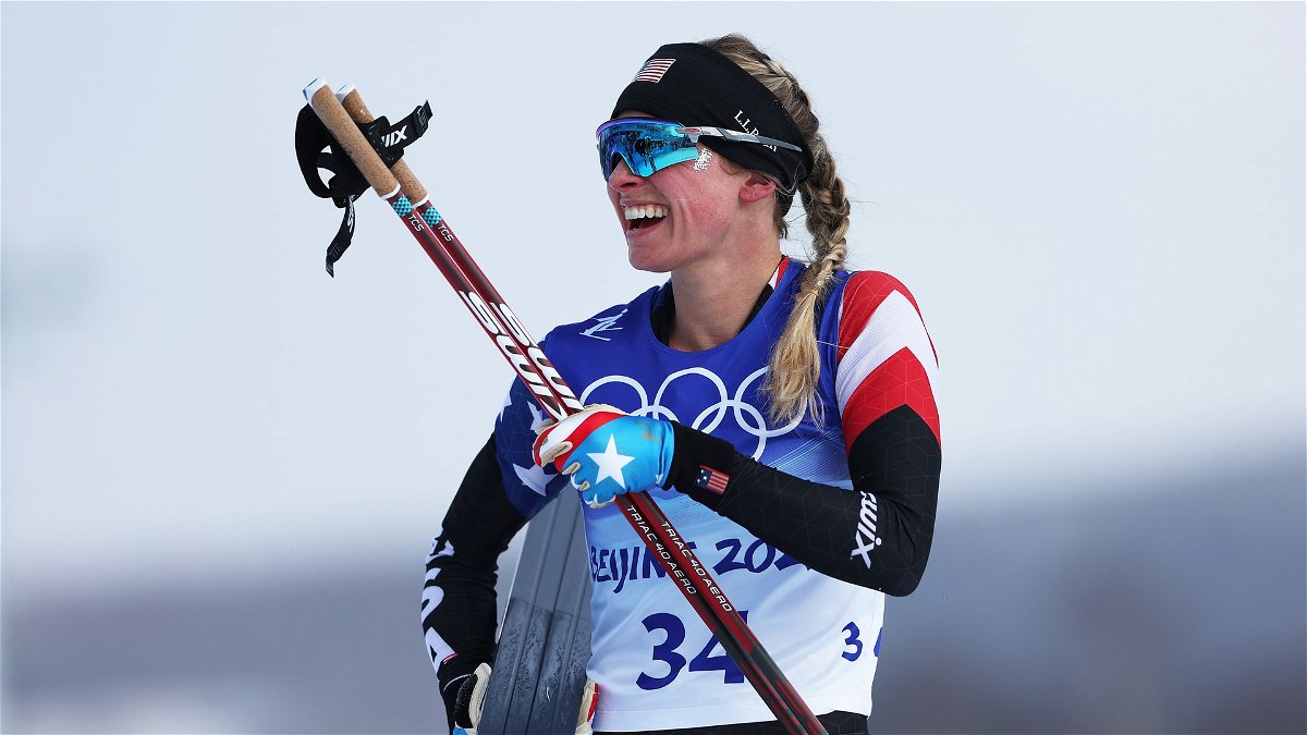 Jessie Diggins of Team United States reacts during the Women's Cross-Country 10km Classic