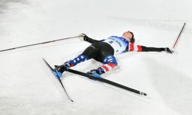 Jessie Diggins reacts after winning the bronze in the women's cross-country sprint free final