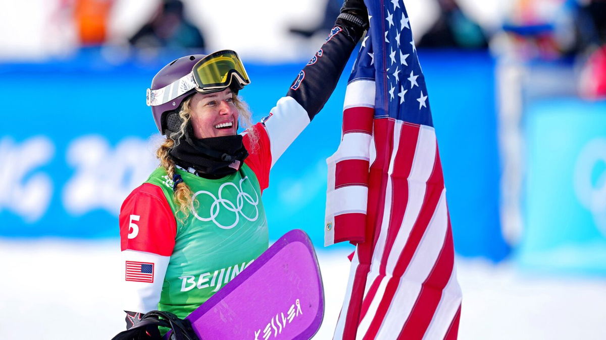 Lindsey Jacobellis celebrates at the 2022 Winter Olympics