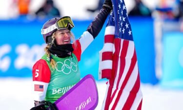 Lindsey Jacobellis celebrates at the 2022 Winter Olympics