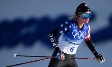 Jessie Diggins of Team United States competes during the Women's Cross Country 7.5km + 7.5km Skiathlon on Day 1 of the Beijing 2022 Winter Olympic Games