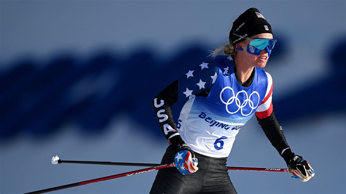 Jessie Diggins of Team United States competes during the Women's Cross Country 7.5km + 7.5km Skiathlon on Day 1 of the Beijing 2022 Winter Olympic Games