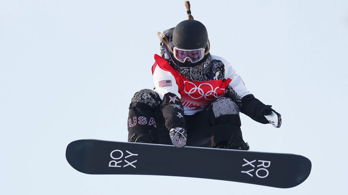 Chloe Kim performs a trick on a practice run during the Women's Snowboard Halfpipe Qualification