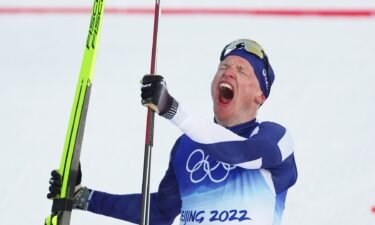 Iivo Niskanen of Team Finland reacts after finishing during the Men's Cross-Country Skiing 15km Classic