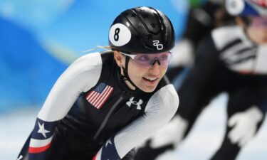 Kristen Santos reacts after skating during the women's 1