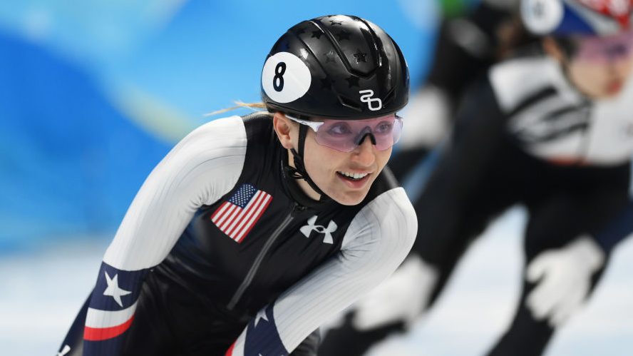 Kristen Santos reacts after skating during the women's 1