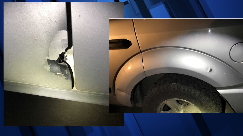Bullet holes to driver's door, fender of car
