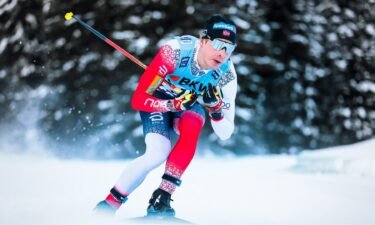 Norway's Simen Krueger making a turn in cross-country skiing