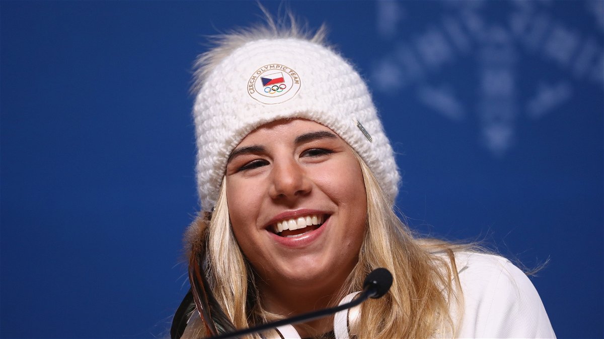 Gold medalist Ester Ledecka of the Czech Republic speaks to the media at the 2018 Winter Olympics