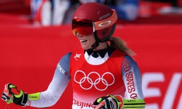 Mikaela Shiffrin of Team USA reacts during the women's super-G