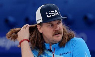Matt Hamilton of Team USA looks on against Team Switzerland during the men’s curling round robin at the 2022 Winter Olympic Games.