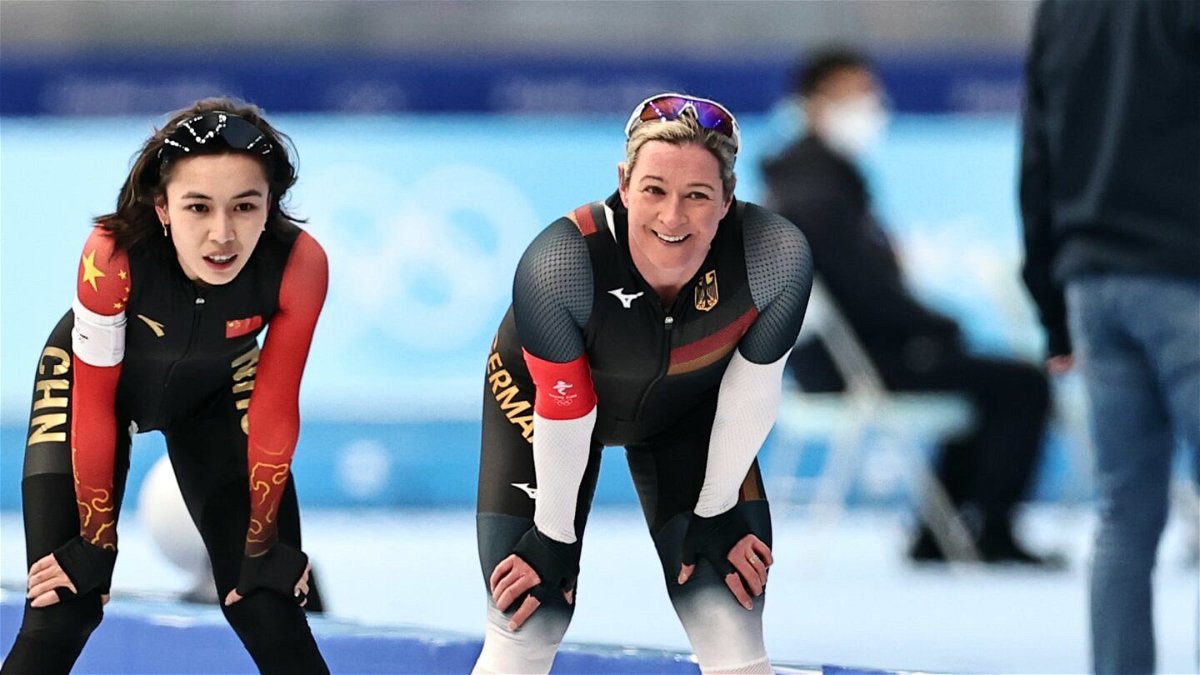 Speed skater Claudia Pechstein of Team Germany reacts after the Women's 3000m