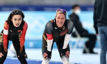 Speed skater Claudia Pechstein of Team Germany reacts after the Women's 3000m