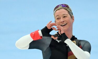 Germany's Claudia Pechstein gestures after competing in the women's speed skating 3000m