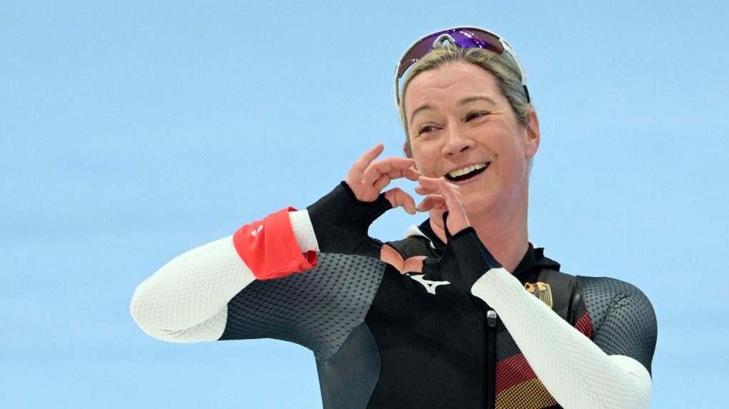 Germany's Claudia Pechstein gestures after competing in the women's speed skating 3000m