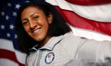Elana Meyers Taylor portrait in front of American flag