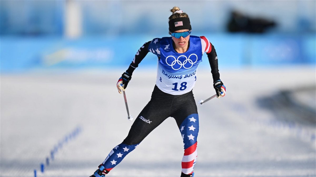 Jessie Diggins of Team United States competes during the Women's Cross-Country Sprint Free Qualification on Day 4 of the Beijing 2022 Winter Olympic Games