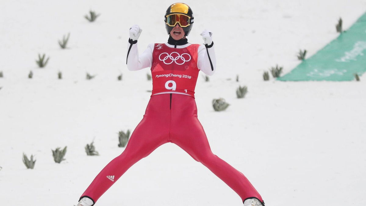 Eric Frenzel (GER) reacts after he jumps.