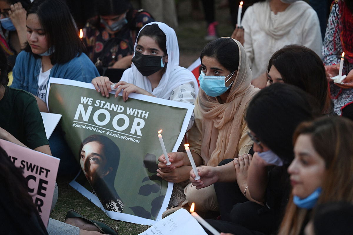 <i>Aamir Qureshi/AFP/Getty Images</i><br/>Women rights activists in Pakistan protest against the brutal killing of Noor Mukadam September 22