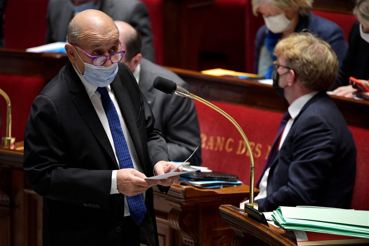 <i>JULIEN DE ROSA/AFP/AFP via Getty Images</i><br/>France's European and Foreign Affairs Minister Jean-Yves Le Drian speaks at the French National Assembly in Paris on February 15.