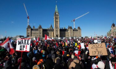 Multiple investigations are underway as protests in Canada over Covid-19 vaccine mandates continue. Pictured is a protest at Parliament Hill  in Ottawa on Saturday.