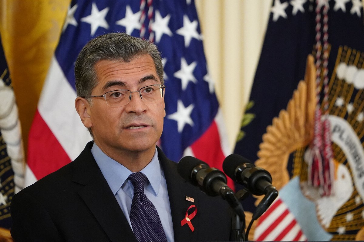<i>Mandel Ngan/AFP/Getty Images</i><br/>Health and Human Services Secretary Xavier Becerra speaks during a World AIDS Day commemoration in the East Room of the White House in Washington on December 1